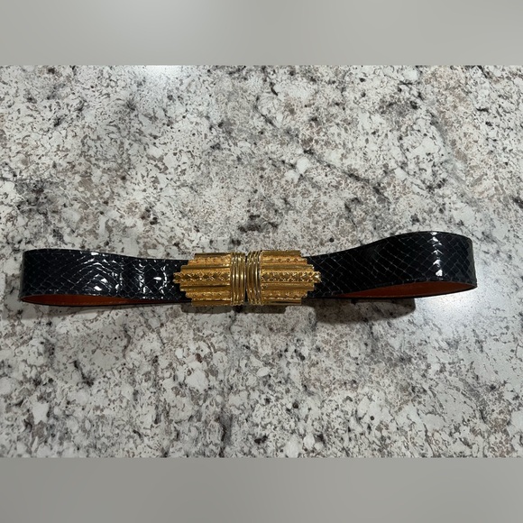 Alexis Kirk 1980s Vintage Black Womens Genuine Reptile Belt Gold Tone/Brass - Picture 1 of 5